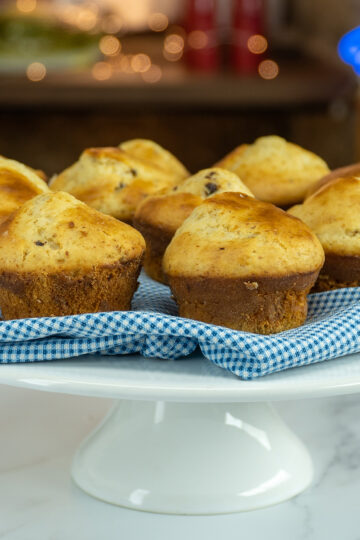 Fertige Joghurt-Muffins mit Schokostückchen auf einem Teller.
